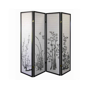 Benzara Naturistic Print Wood and Paper 4 Panel Room Divider, White and Black BM96093 White and Black Wood and Paper BM96093