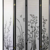 Benzara Naturistic Print Wood and Paper 4 Panel Room Divider, White and Black BM96093 White and Black Wood and Paper BM96093