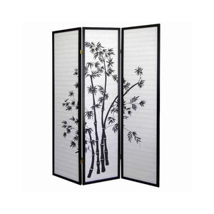 Benzara Wood and Paper 3 Panel Room Divider with Bamboo Print, White and Black BM96094 White and Black Wood and Paper BM96094