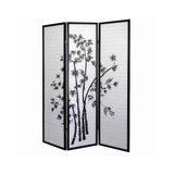 Benzara Wood and Paper 3 Panel Room Divider with Bamboo Print, White and Black BM96094 White and Black Wood and Paper BM96094