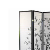 Benzara Wood and Paper 4 Panel Room Divider with Bamboo Print, White and Black BM96095 White and Black Wood and Paper BM96095