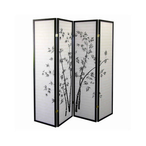 Benzara Wood and Paper 4 Panel Room Divider with Bamboo Print, White and Black BM96095 White and Black Wood and Paper BM96095