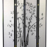 Benzara Wood and Paper 4 Panel Room Divider with Bamboo Print, White and Black BM96095 White and Black Wood and Paper BM96095