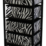 Benzara Animal Print Metal Rack with 6 Spacious Drawers, Black and White BM96119 Black Metal and Fabric BM96119