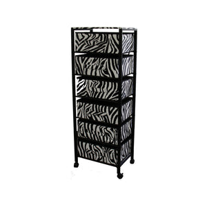 Benzara Animal Print Metal Rack with 6 Spacious Drawers, Black and White BM96119 Black Metal and Fabric BM96119