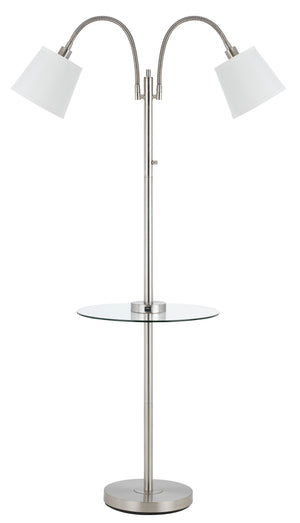 Cal Lighting 40W 3 Way Gailmetal Double Gooseneck Floor Lamp withglass Tray Table And Two Usb Charging Ports. BO-2444GT-BS Brushed Steel BO-2444GT-BS