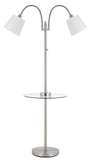 Cal Lighting 40W 3 Way Gailmetal Double Gooseneck Floor Lamp withglass Tray Table And Two Usb Charging Ports. BO-2444GT-BS Brushed Steel BO-2444GT-BS