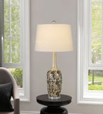 Cal Lighting 150W Paxton Ceramic Table Lamp with Leaf Design And Taper Drum Hardback Fabric Shade (Priced And Sold As Pairs) BO-2914TB-2 Brushed Steel BO-2914TB-2