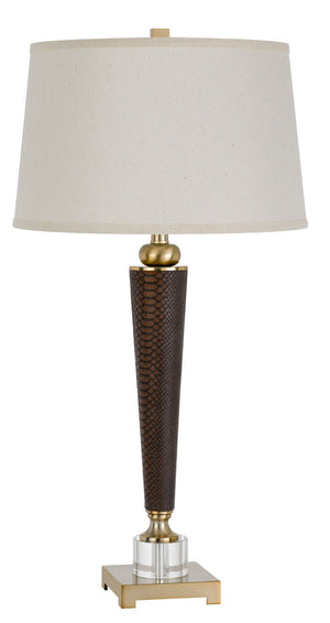 Cal Lighting 150W 3 Way Sebree Resin/Leathrette Table Lamp with Crystal Font And Metal Base. Hardback Taper Fabric Drum Shade BO-2977TB Antique Brass BO-2977TB