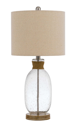 Cal Lighting 150W 3 Way Seymour Bubbled Glass Table Lamp with Resin Base And Hardback Drum Linen Shade BO-3023TB Wood BO-3023TB