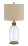 Cal Lighting 150W 3 Way Seymour Bubbled Glass Table Lamp with Resin Base And Hardback Drum Linen Shade BO-3023TB Wood BO-3023TB