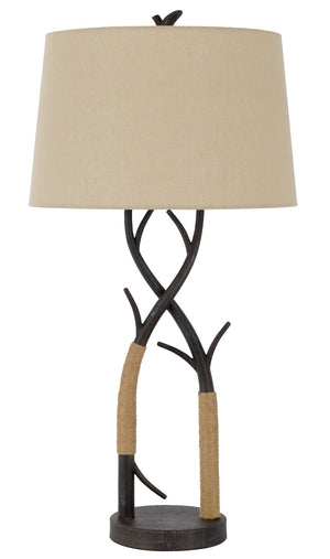 Cal Lighting Pecos Metal Tree Branch Table Lamp with Wrapped Ropes , Linen Shade BO-3029TB Black Iron BO-3029TB