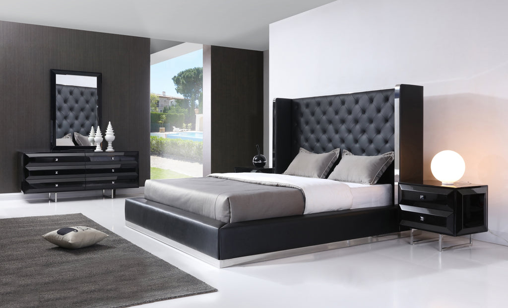 Abrazo Bed Queen, Black Faux Leather, Tufted Headboard,