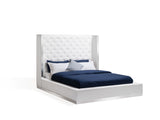 Abrazo Bed Queen, White Faux Leather, Tufted Headboard, Stainless Steel Trim