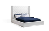 Abrazo Bed Queen, White Faux Leather, Tufted Headboard, Stainless Steel Trim