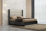 Los Angeles Bed Queen, High Gloss Grey With Geometric Design, Gray Faux Leather On Headboard, St...