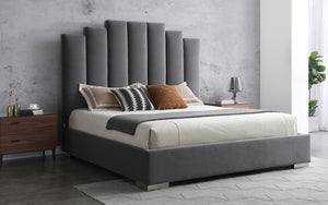 Jordan Queen Bed , Fully Upholstered Grey 100% Velvet Fabric, Double Usb In Headboard, Chrome Legs