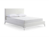 Liz Queen Bed , Fully Upholstered White Faux Leather, Chrome Legs