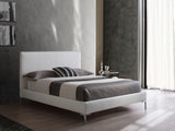 Liz Queen Bed , Fully Upholstered Dark Gray Faux Leather, Chrome Legs