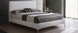 Liz Queen Bed , Fully Upholstered White Faux Leather, Chrome Legs