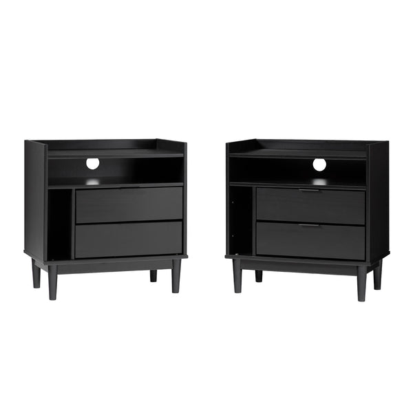 Walker Edison Lee Mid-century Modern/Contemporary 25" Solid Wood 2-Drawer Night Stand with Gallery BR2DRLEENSBL-2PK