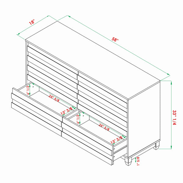 Modern Grooved Panel 6 Drawer Wood Dresser – White 