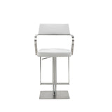 Zuri Barstool White Adjustable Height With Armrests And Square Stainless Steel Base.