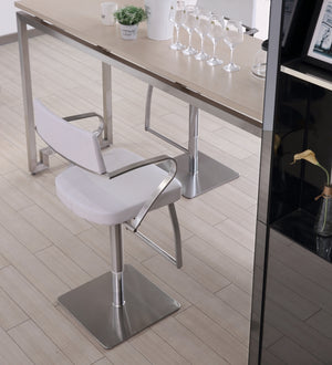 Zuri Barstool White Adjustable Height With Armrests And Square Stainless Steel Base.