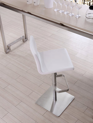 Watson Barstool White Faux Leather, Adjustable Height And Square Stainless Steel Base.