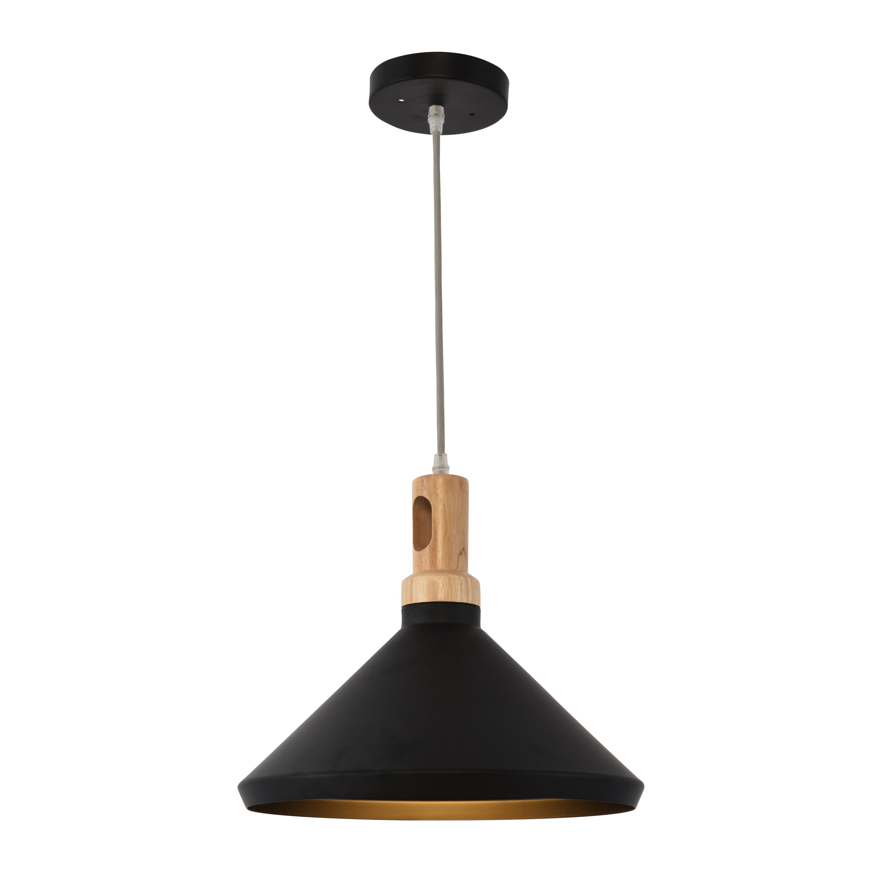 1 Light Pendant in Sleek Black Finish with Wooden Detail - Thumbnail 2
