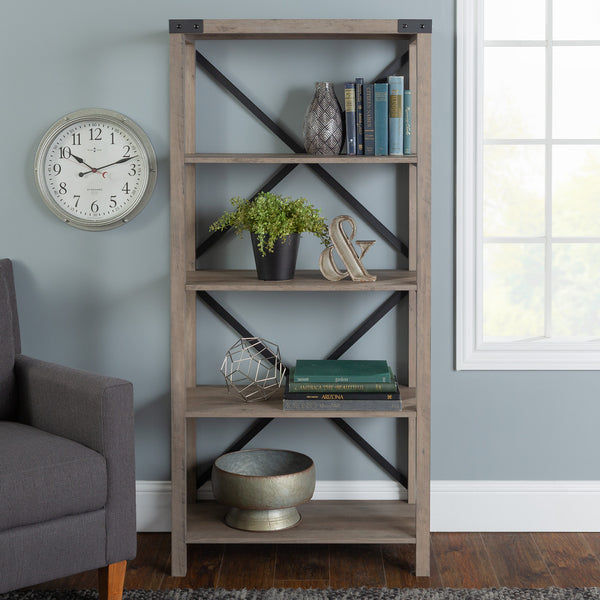 64" Farmhouse Metal Bookcase Grey Wash