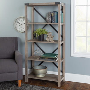 64" Farmhouse Metal Bookcase Grey Wash