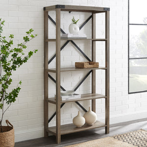 BS64MXGW - 64" Farmhouse Metal Bookcase Grey Wash