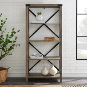 BS64MXGW - 64" Farmhouse Metal Bookcase Grey Wash