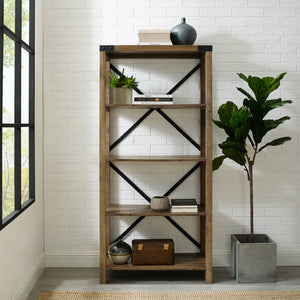 64" Farmhouse Metal Bookcase Rustic Oak