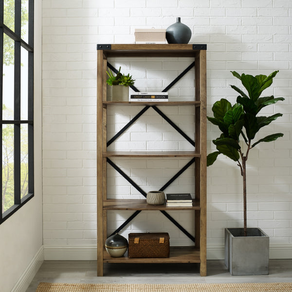 64" Farmhouse Metal Bookcase Rustic Oak
