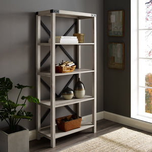 64" Farmhouse Metal Bookcase White Oak