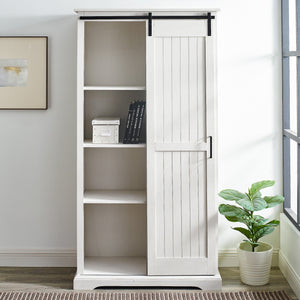 Modern Farmhouse Grooved Sliding Door Tall Storage Cabinet – Brushed White 