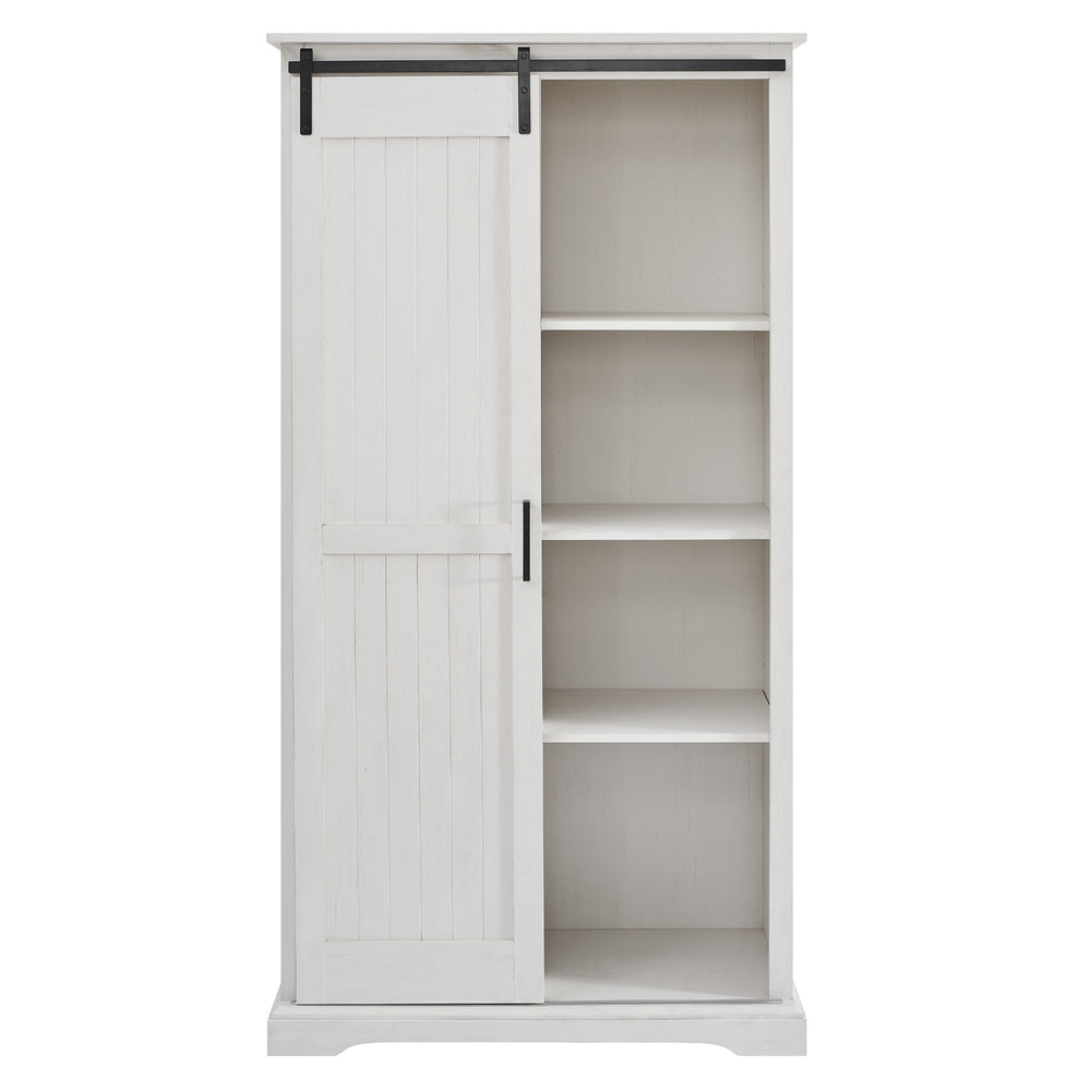 Modern Farmhouse Grooved Sliding Door Tall Storage Cabinet – Brushed White 