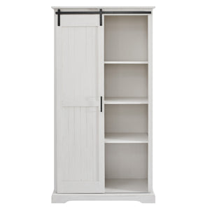 Modern Farmhouse Grooved Sliding Door Tall Storage Cabinet – Brushed White 