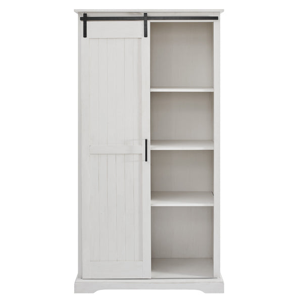 Modern Farmhouse Grooved Sliding Door Tall Storage Cabinet – Brushed White 