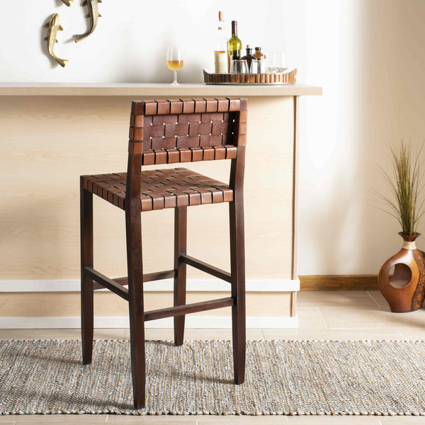Paxton Woven Leather Barstool - Premium Mahogany Frame with Cognac Leather for Stylish Dining Spaces