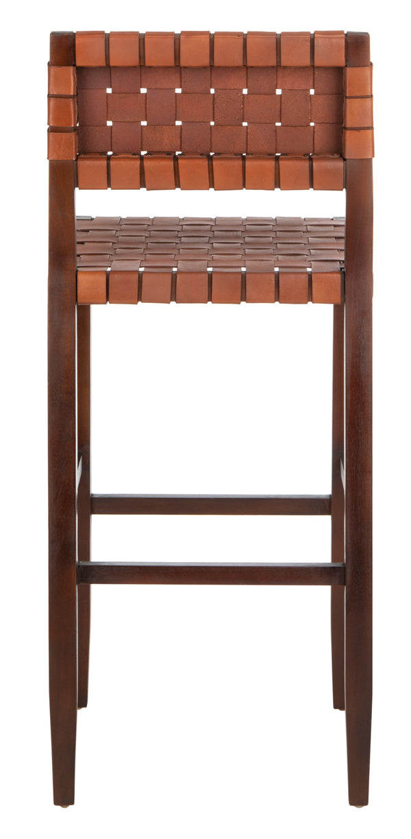 Paxton Woven Leather Barstool - Premium Mahogany Frame with Cognac Leather for Stylish Dining Spaces