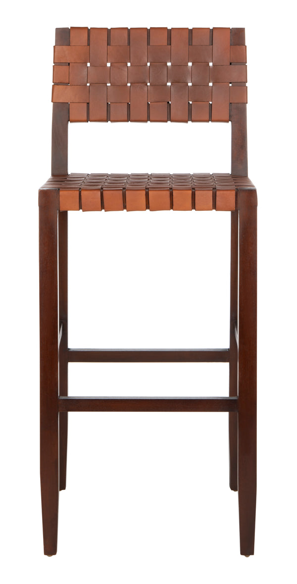 Paxton Woven Leather Barstool - Premium Mahogany Frame with Cognac Leather for Stylish Dining Spaces