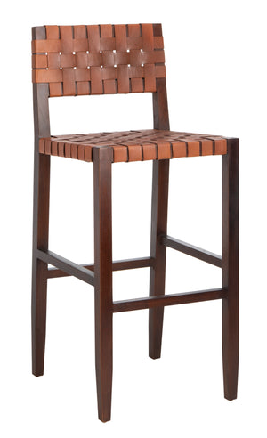 Paxton Woven Leather Barstool - Premium Mahogany Frame with Cognac Leather for Stylish Dining Spaces