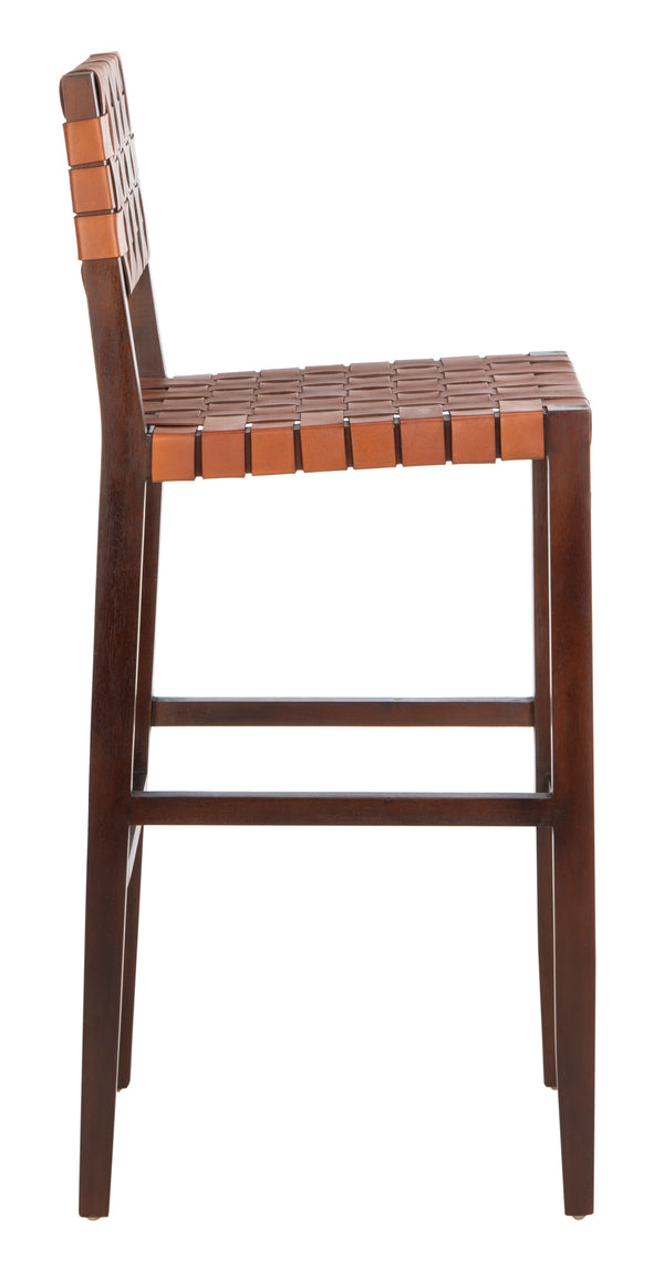 Paxton Woven Leather Barstool - Premium Mahogany Frame with Cognac Leather for Stylish Dining Spaces