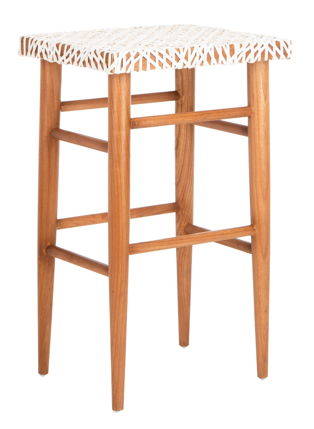 Kaleo Contemporary Woven Leather Barstool - Elegant White Cowhide & Natural Mindi Wood Design