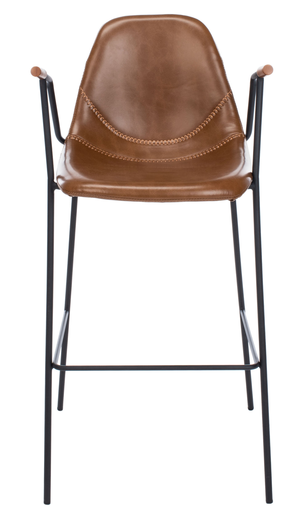 Tanner Mid-Century Bar Stool with Stylish Black Legs, Cognac Leather Seat, and Walnut Accents