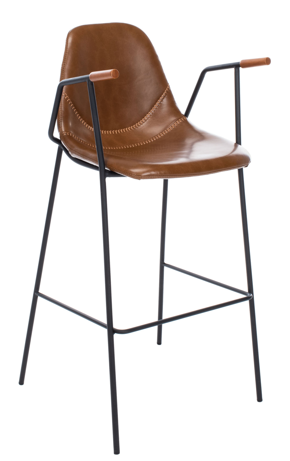 Tanner Mid-Century Bar Stool with Stylish Black Legs, Cognac Leather Seat, and Walnut Accents