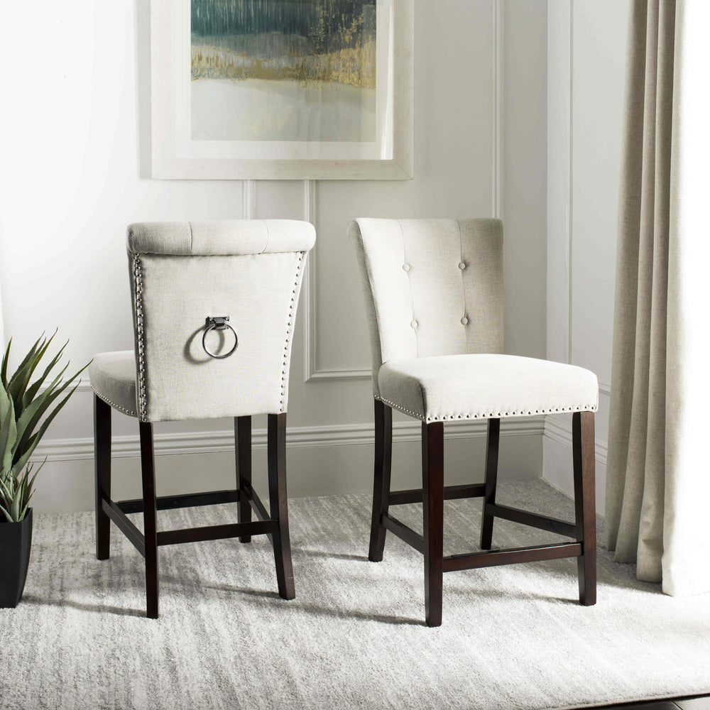 Taylor Modern Counter Stool Set of 2 - Elegant Wood Frame with Tufted Light Grey Linen Upholstery